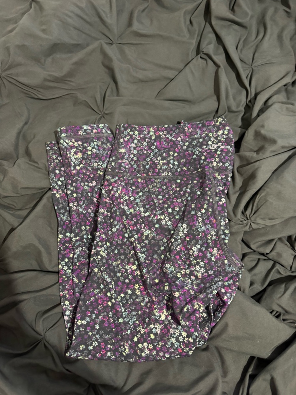 lululemon athletica Black Floral Leggings with Purple and White Accents